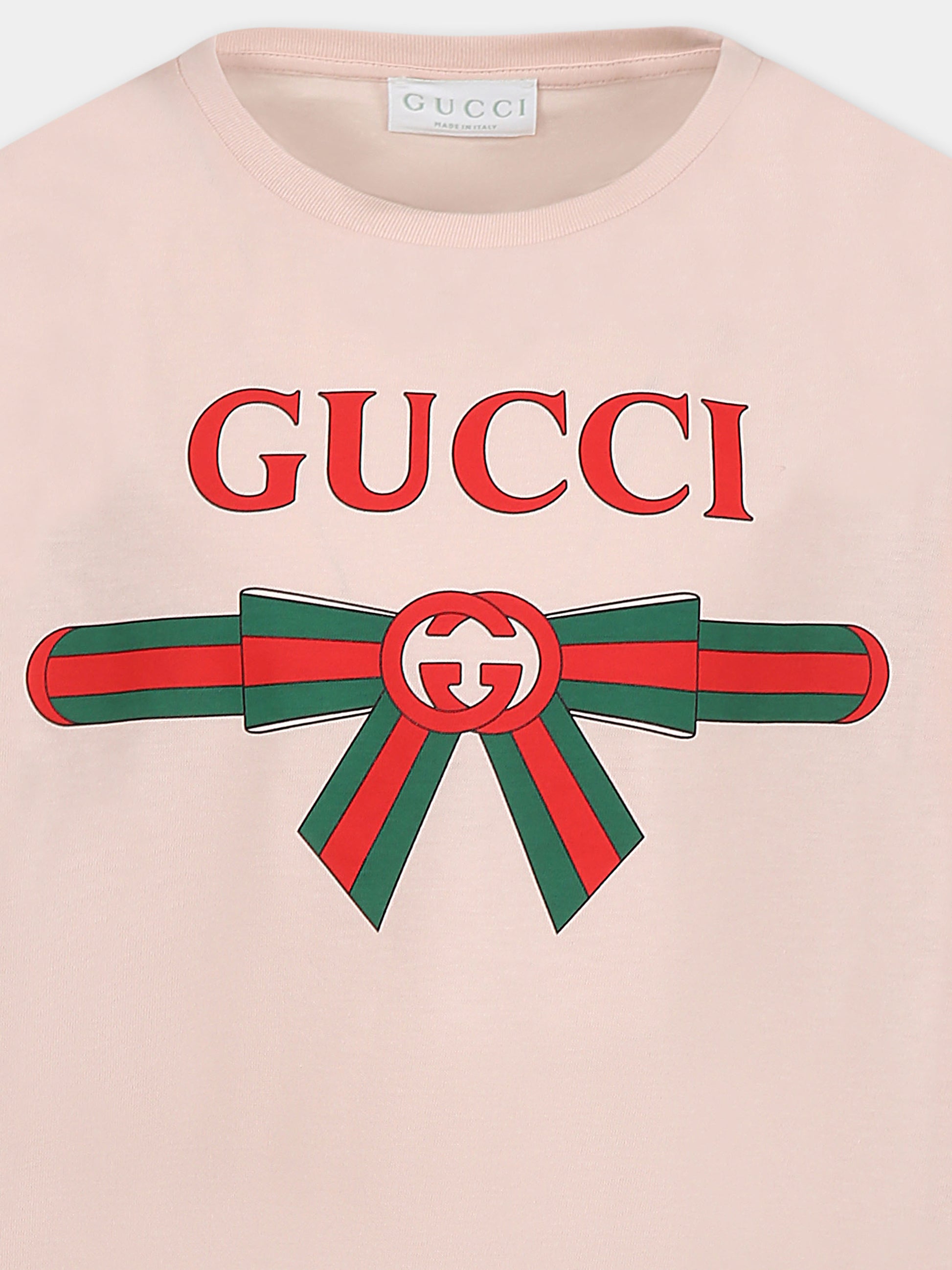 T-shirt rosa per bambina con incrocio GG e fiocco Web,Gucci Kids,610190 XJG0K 6341