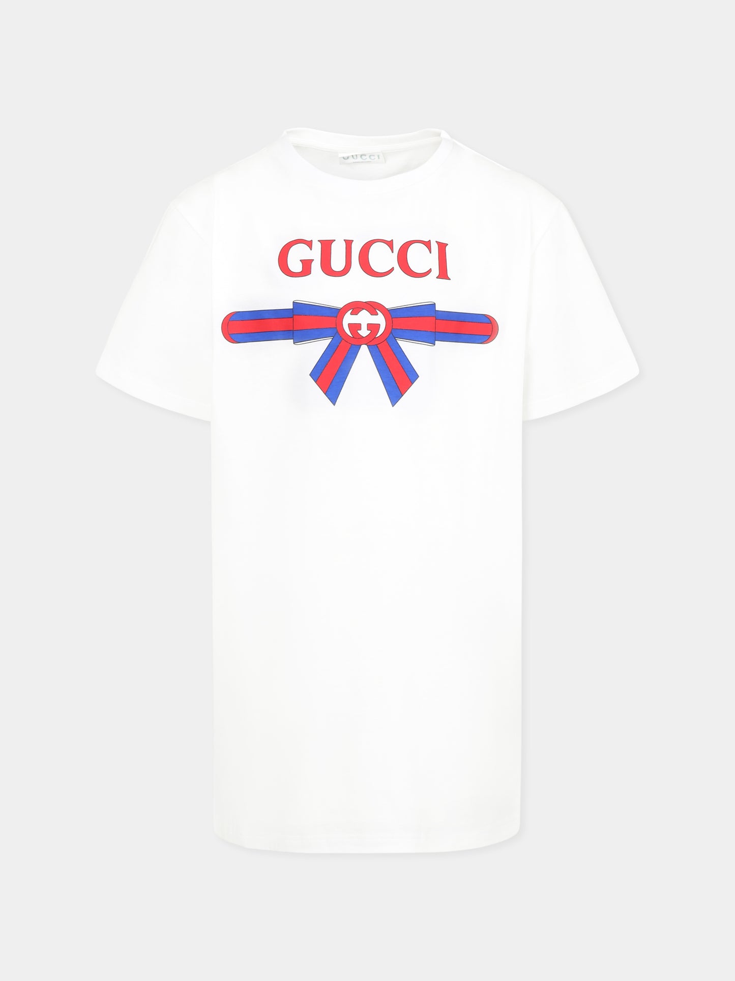 T-shirt bianca per bambina con incrocio GG e fiocco Web,Gucci Kids,610190 XJG0K 9214