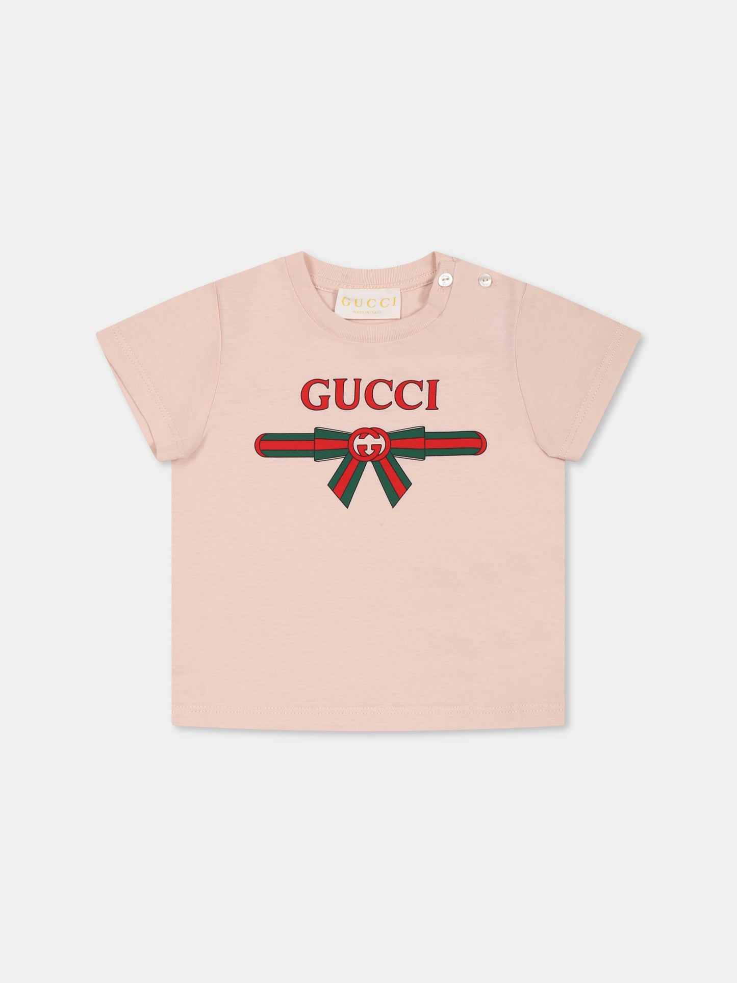 T-shirt rosa per neonata con incrocio GG e fiocco Web,Gucci Kids,555675 XJG6C 6341