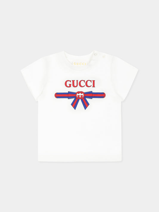 T-shirt bianca per neonata con incrocio GG e fiocco Web,Gucci Kids,555675 XJG6C 9214