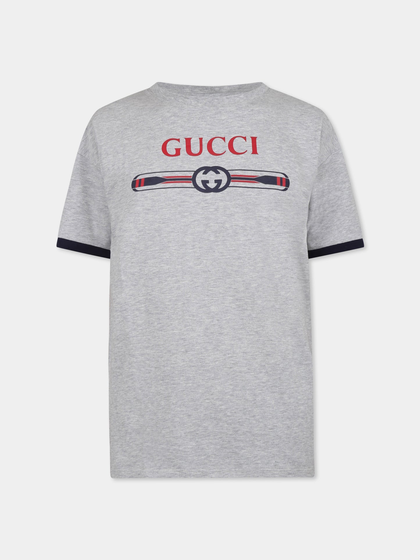 T-shirt grigia per bambino con logo Gucci e remi,Gucci Kids,820889 XJGY3 1151