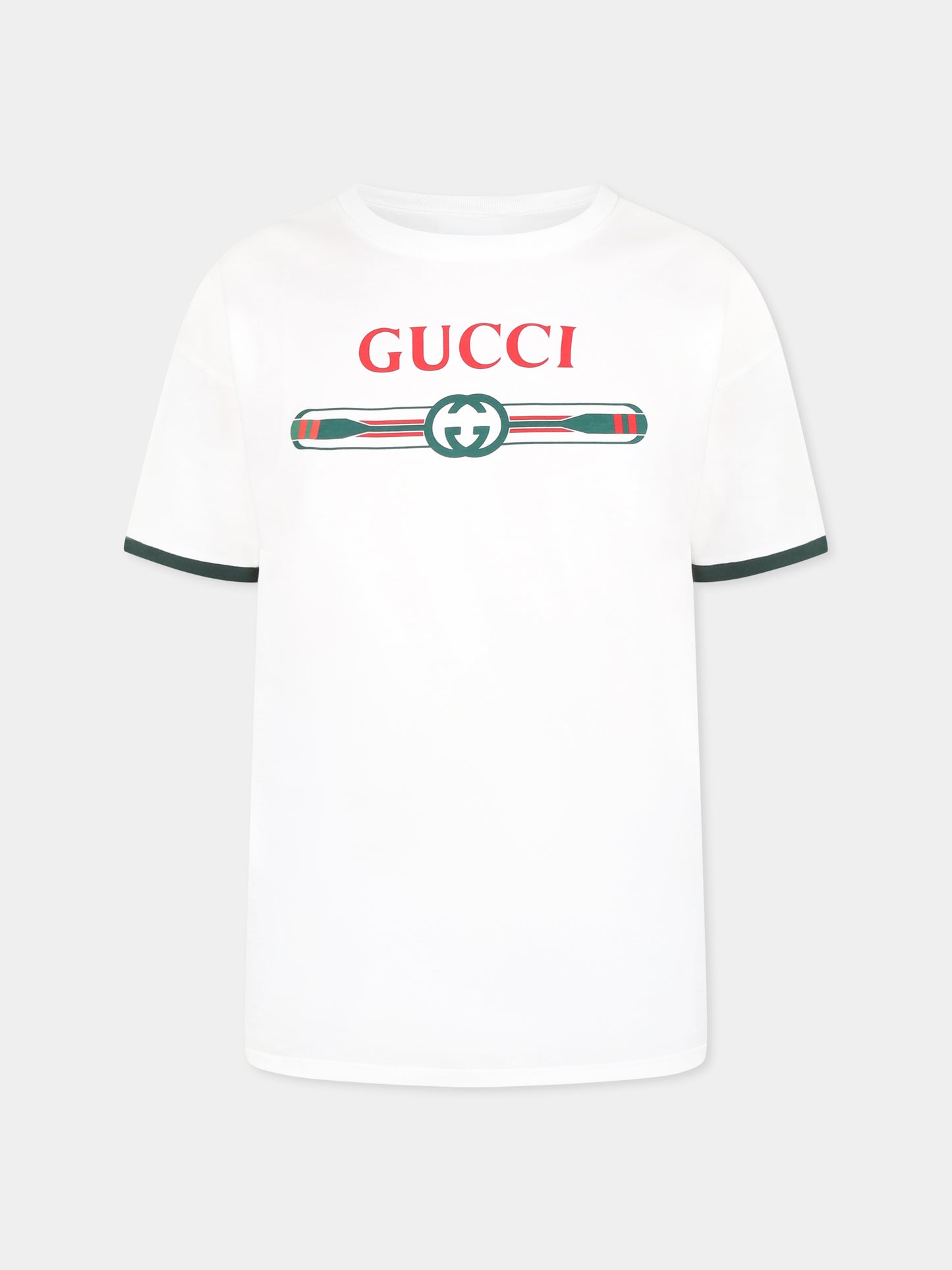 T-shirt bianca per bambino con logo Gucci e remi,Gucci Kids,820889 XJGY3 9214