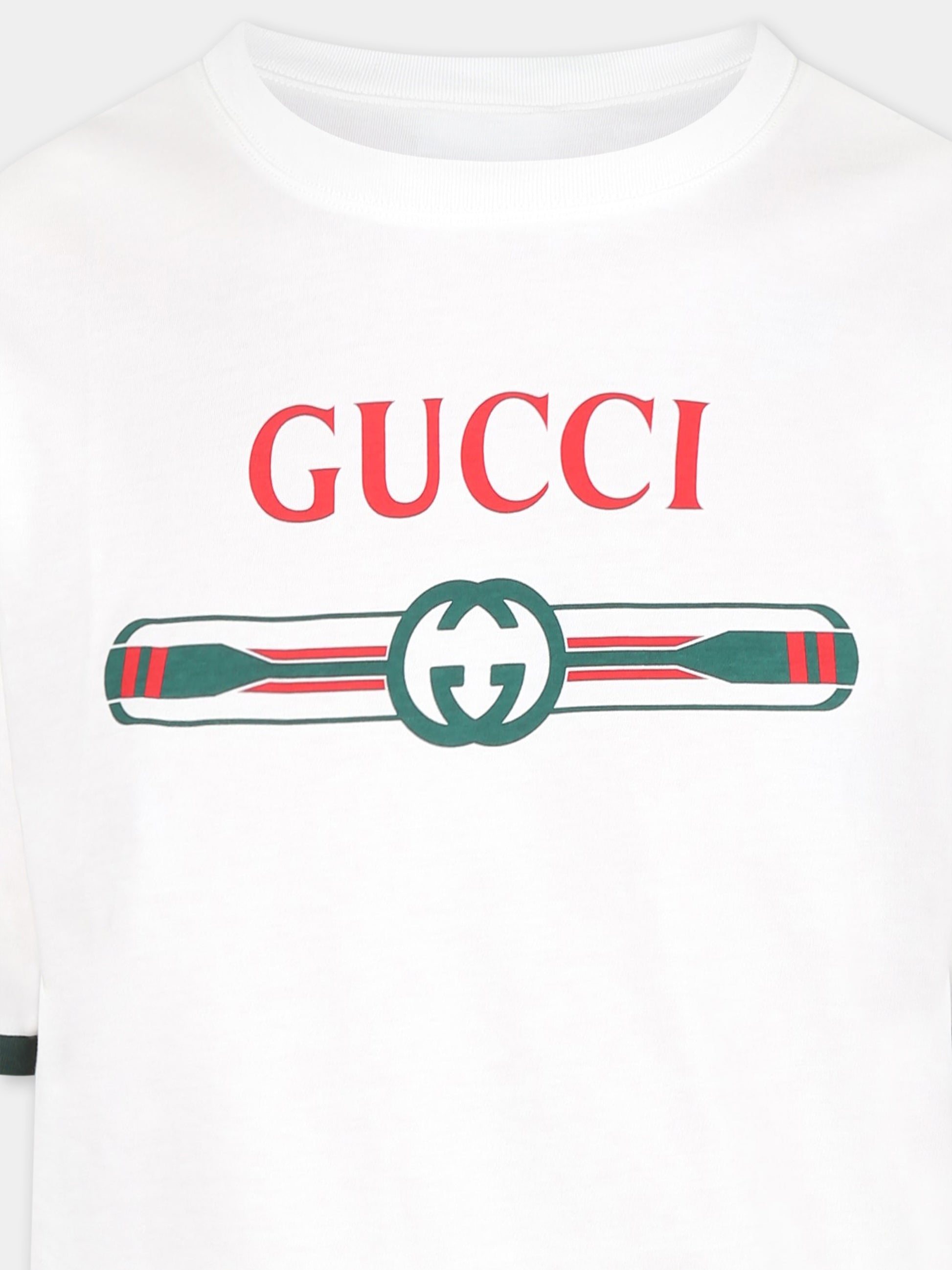 T-shirt bianca per bambino con logo Gucci e remi,Gucci Kids,820889 XJGY3 9214
