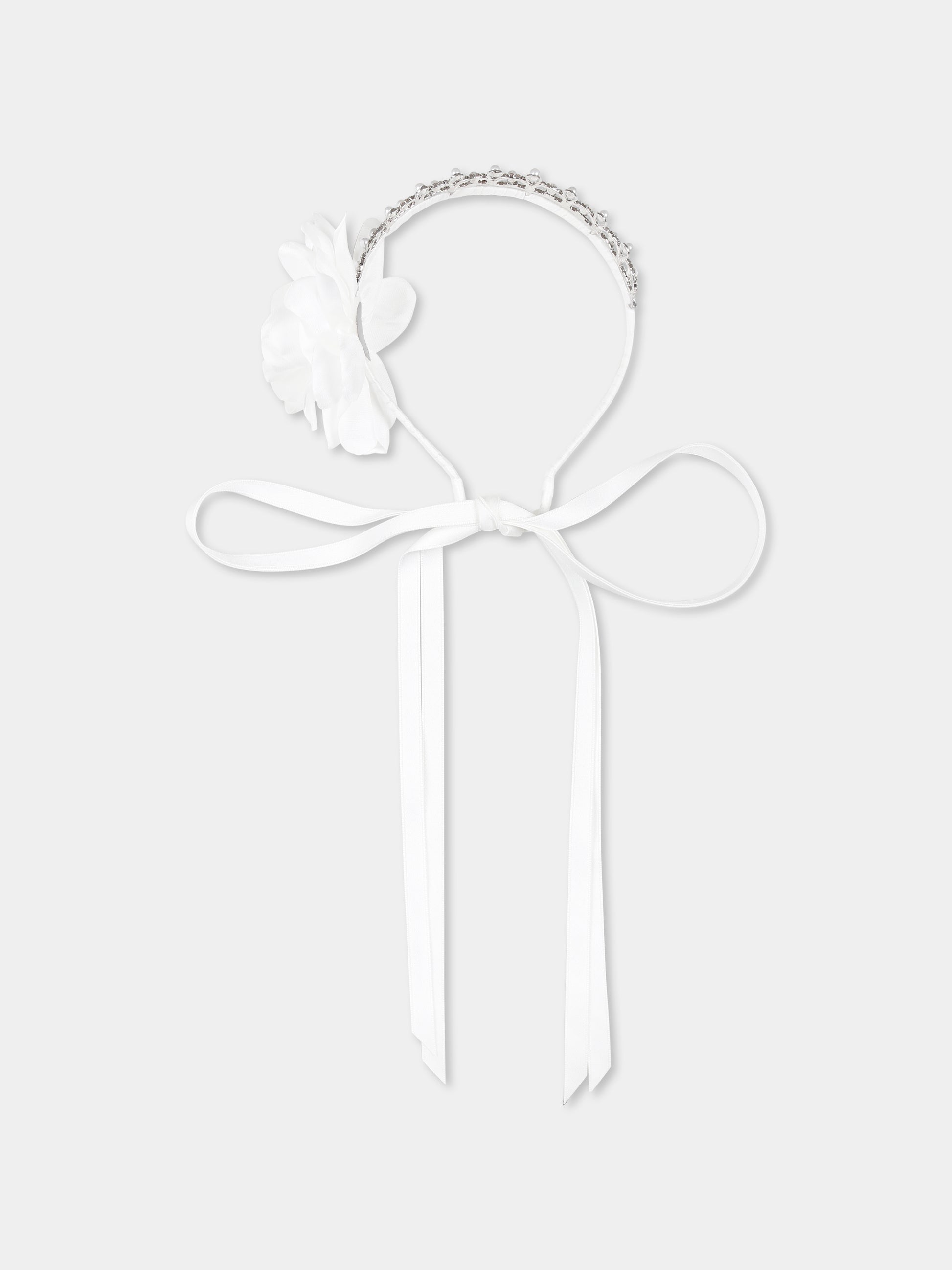 Cerchietto bianco per bambina con perle e fiore,Monnalisa,79E020 5073 0001