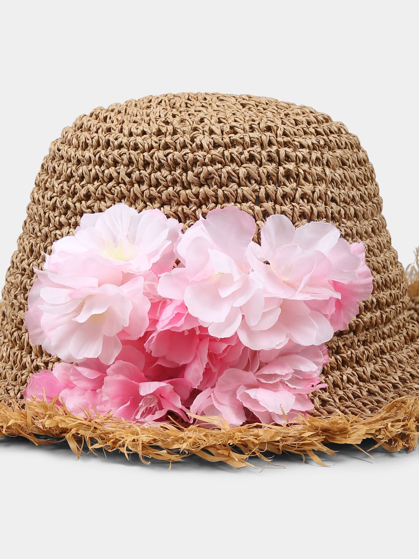 Cappello di paglia marrone per bambina con fiori di pesco,Monnalisa,19E065 5097 0003