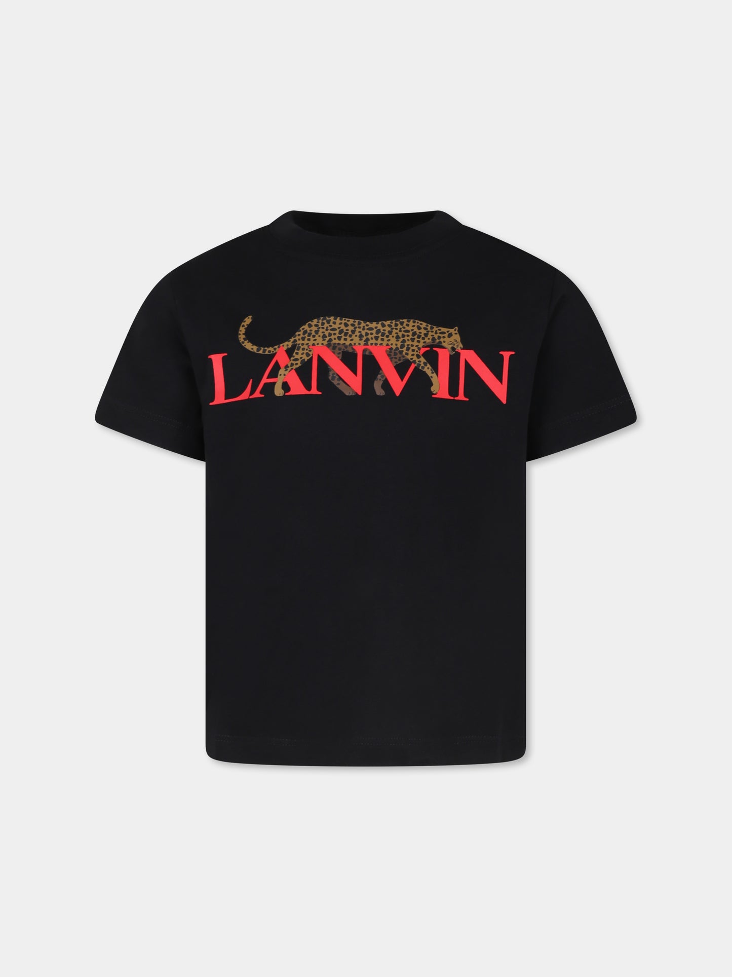 T-shirt nera per bambino con stampa leopardo e logo,Lanvin Petite,N25146 09B
