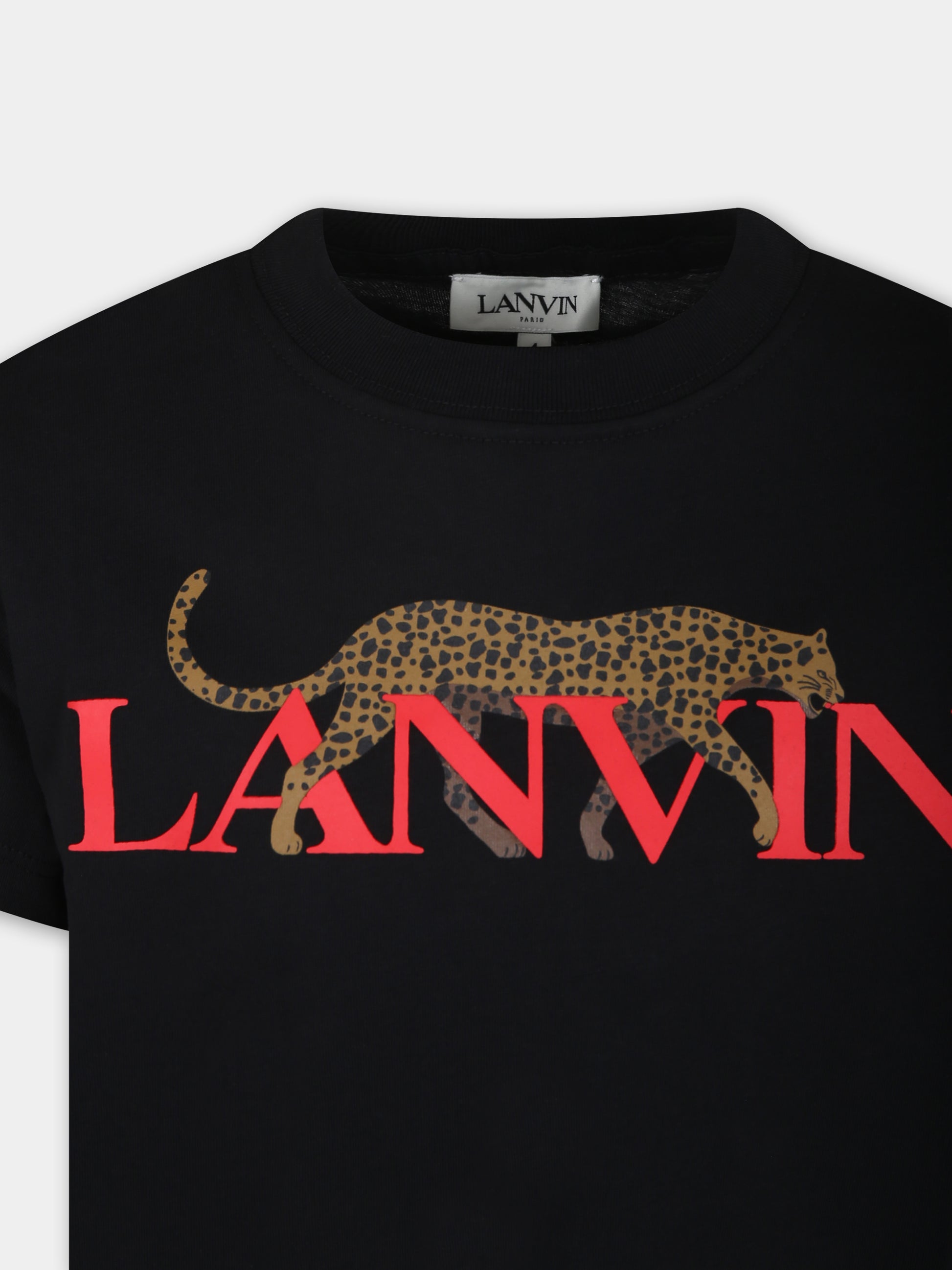 T-shirt nera per bambino con stampa leopardo e logo,Lanvin Petite,N25146 09B