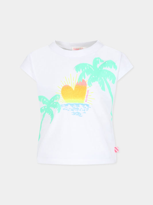 T-shirt bianca per bambina con stampa cuore e palme,Billieblush,U15B05 10P