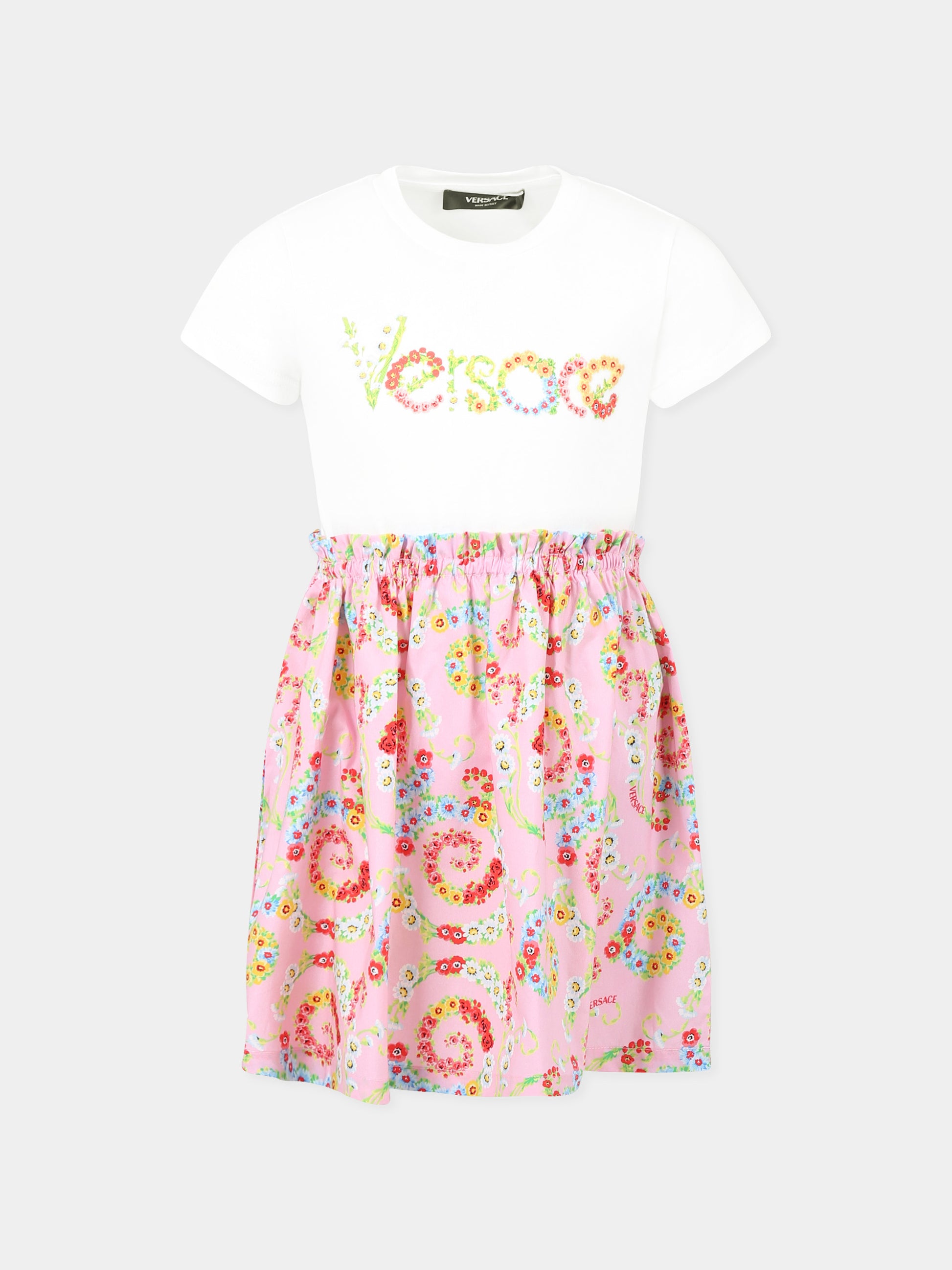 Vestito multicolor per bambina con logo e vortici floreali,Versace,1018539 1A13224 6W510