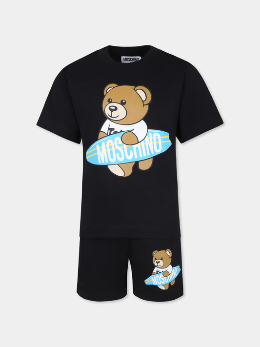Completo nero per bambino con Teddy Bear e tavola da surf,Moschino Kids,HUG00L LAA23 60100