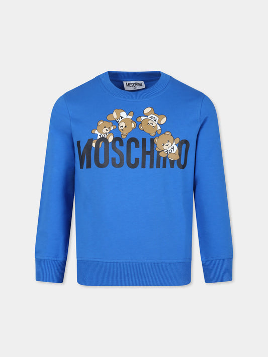 Felpa blu per bambini con Teddy Bears e logo,Moschino Kids,HZF05R LCA19 40289