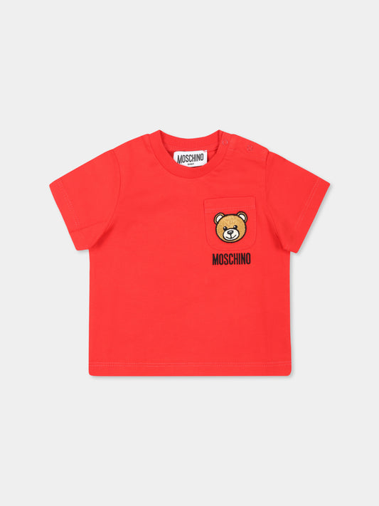 T-shirt rossa per neonato con Teddy Bear,Moschino Kids,MUM040 LAA23 50109