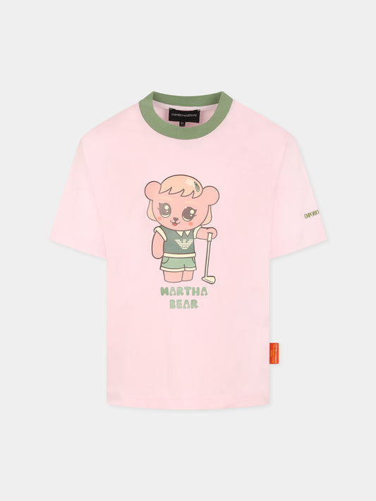 T-shirt rosa per bambina con Manga Bear,Emporio Armani,EB000395 AF14768 U4271