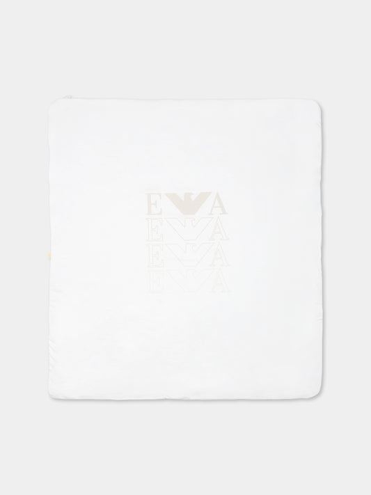White blanket for baby boy with beige logo