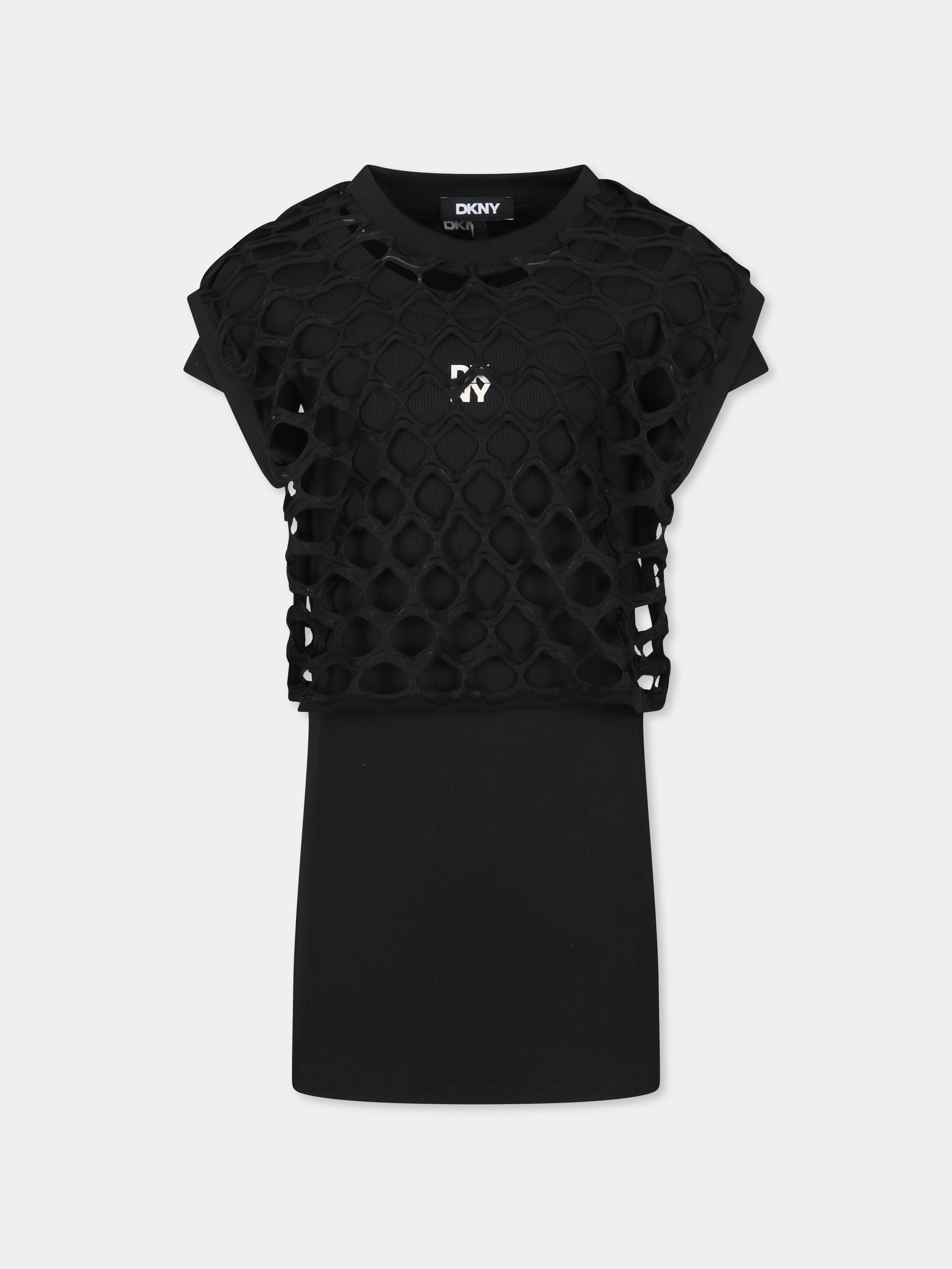 Vestito nero per bambina con logo,Dkny,D62327 09B