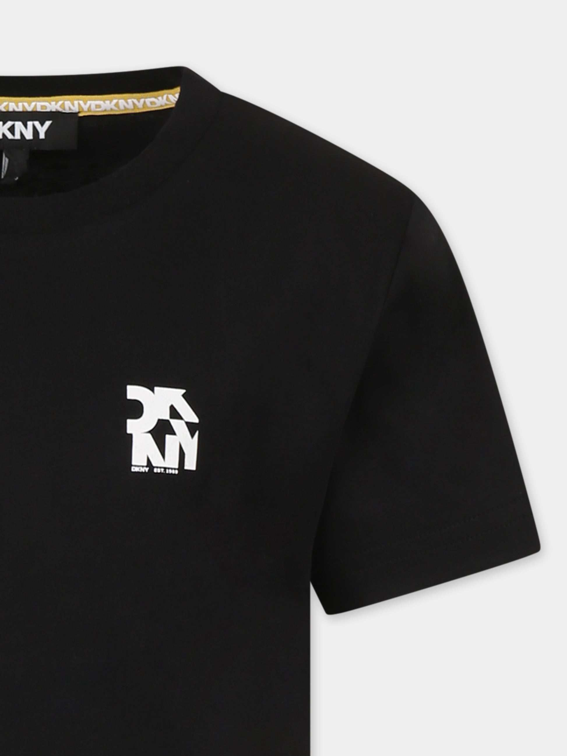 T-shirt nera per bambina con logo bianco,Dkny,D62297 09B