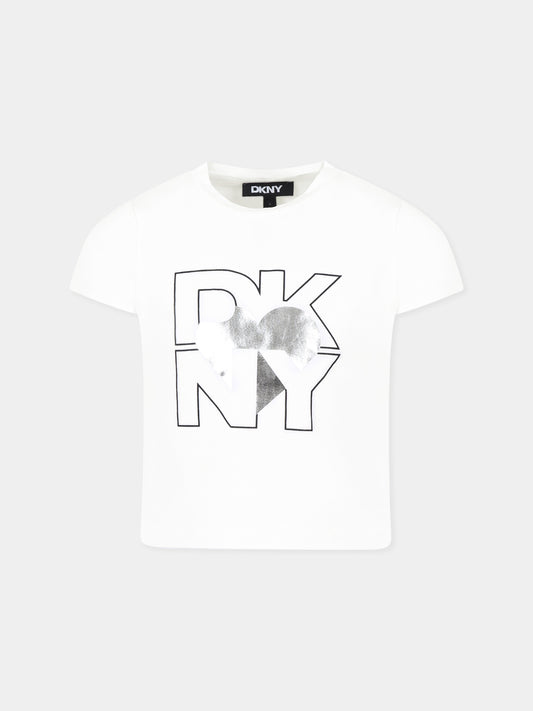 T-shirt bianca per bambina con logo e cuore,Dkny,D62305 016