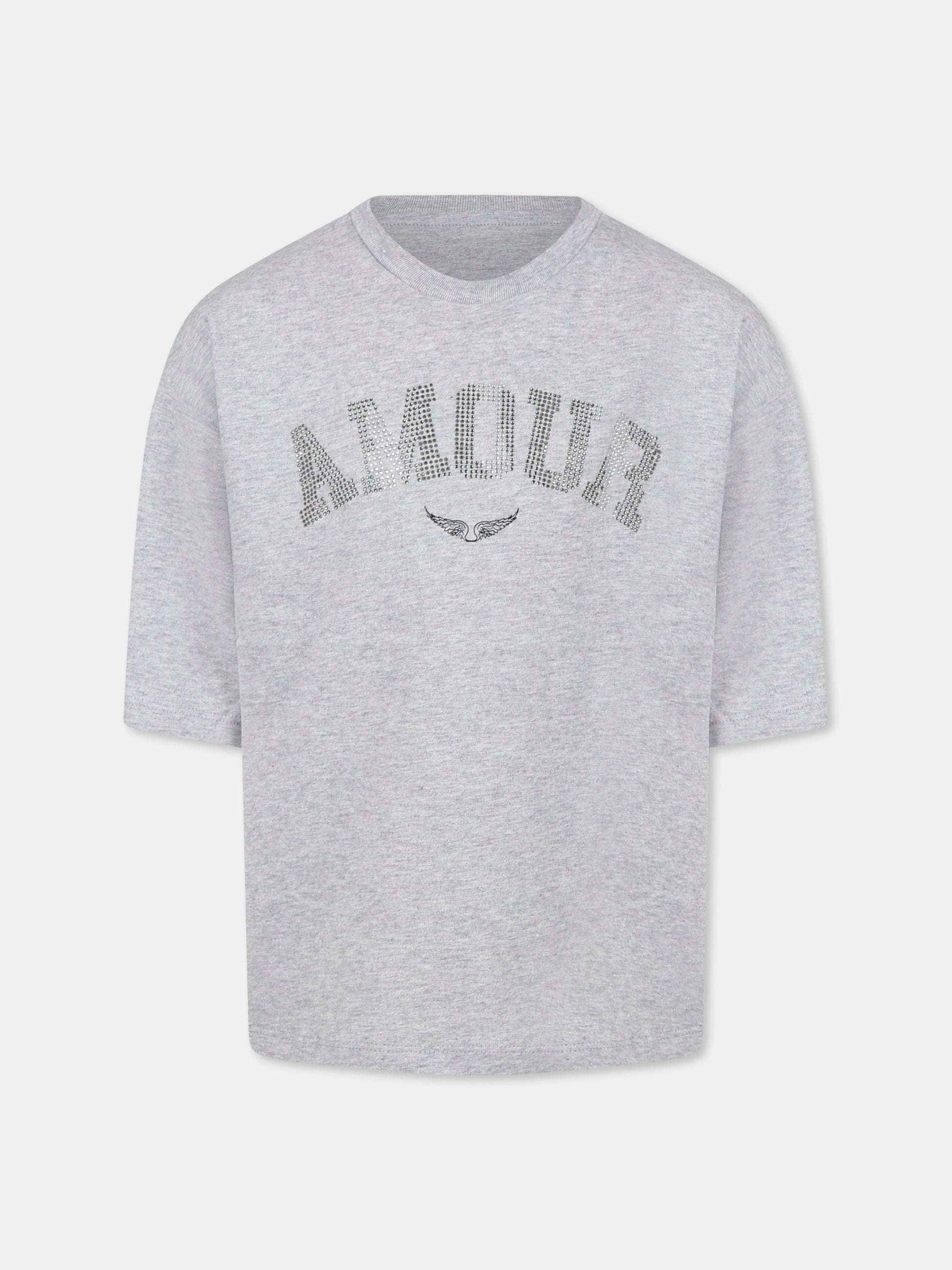 T-shirt grigia per bambina con scritta  Amour  in strass,Zadig & Voltaire Kids,X60319 A07