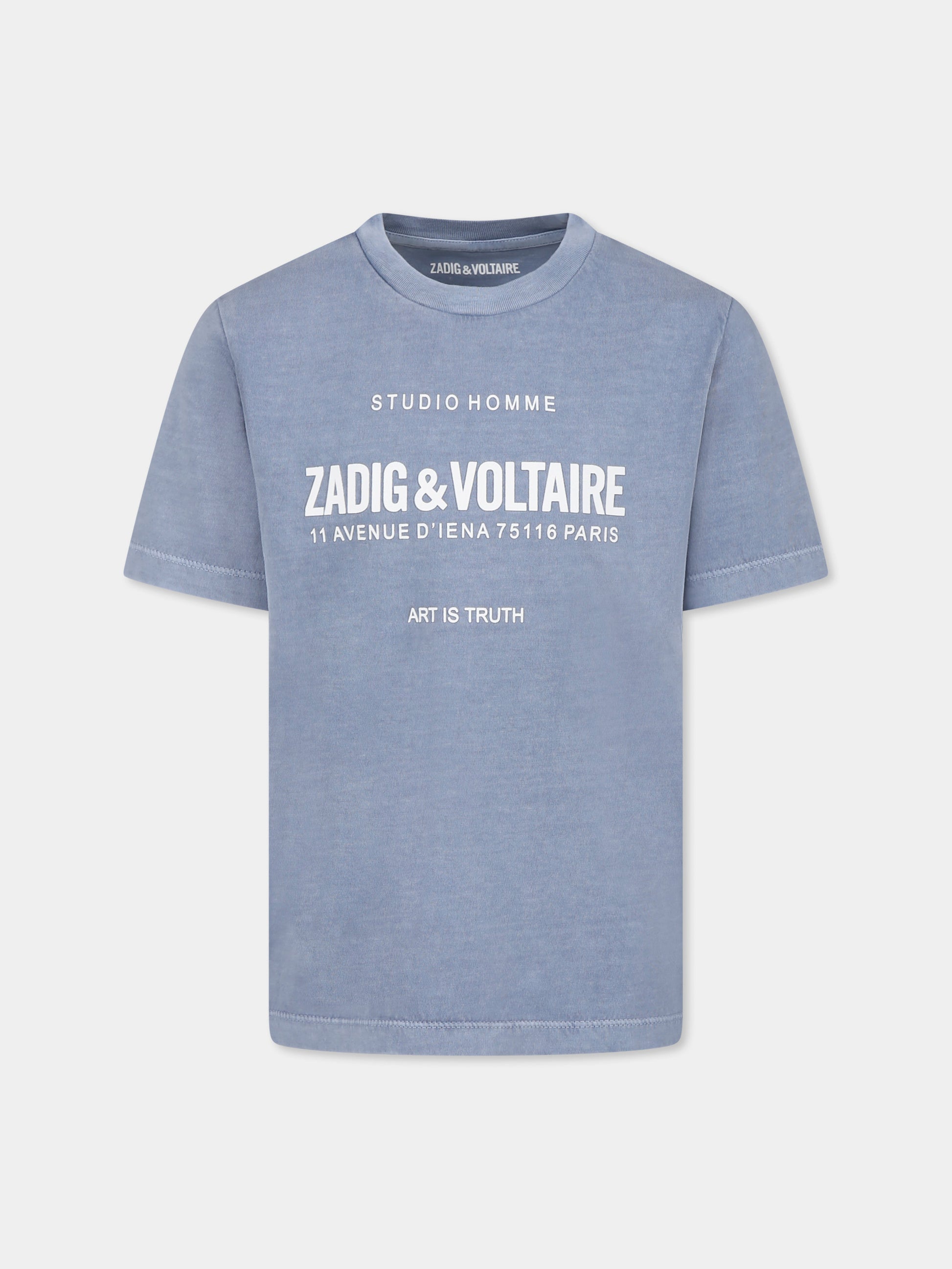T-shirt celeste per bambino con logo,Zadig & Voltaire Kids,X60372 896