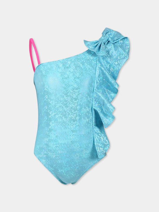 Light blue swimsuit for girl with bow