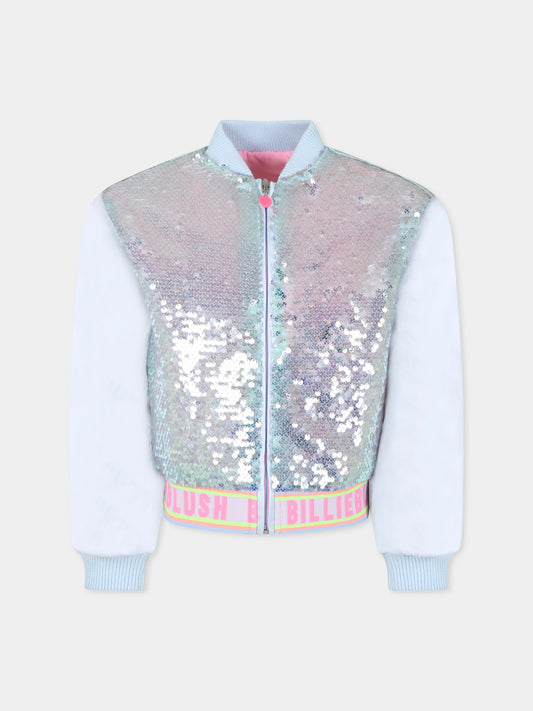 Bomber celeste per bambina con paillettes e logo,Billieblush,U20884 74A