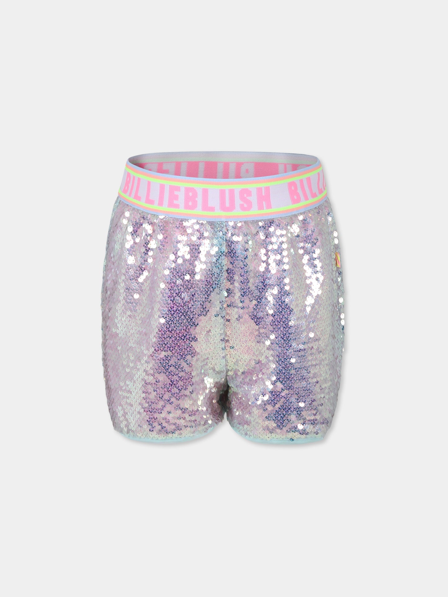 Shorts argento per bambina con logo e paillettes,Billieblush,U20902 74A