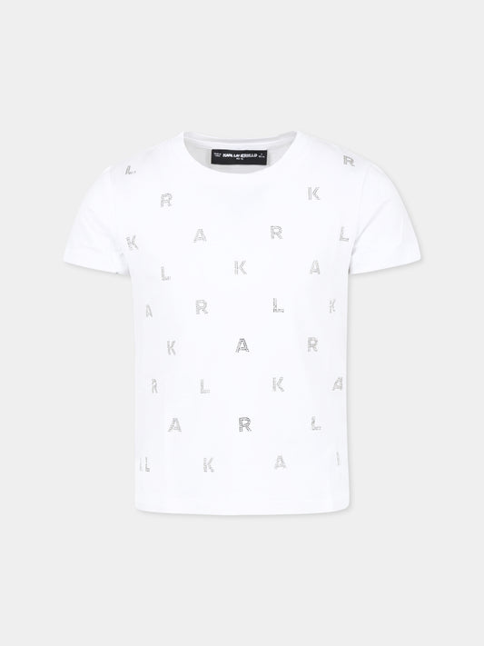 T-shirt bianca per bambina con logo e strass,Karl Lagerfeld Kids,Z30571 10P