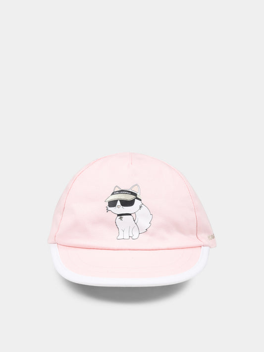 Reversible pink hat for baby girl with Choupette