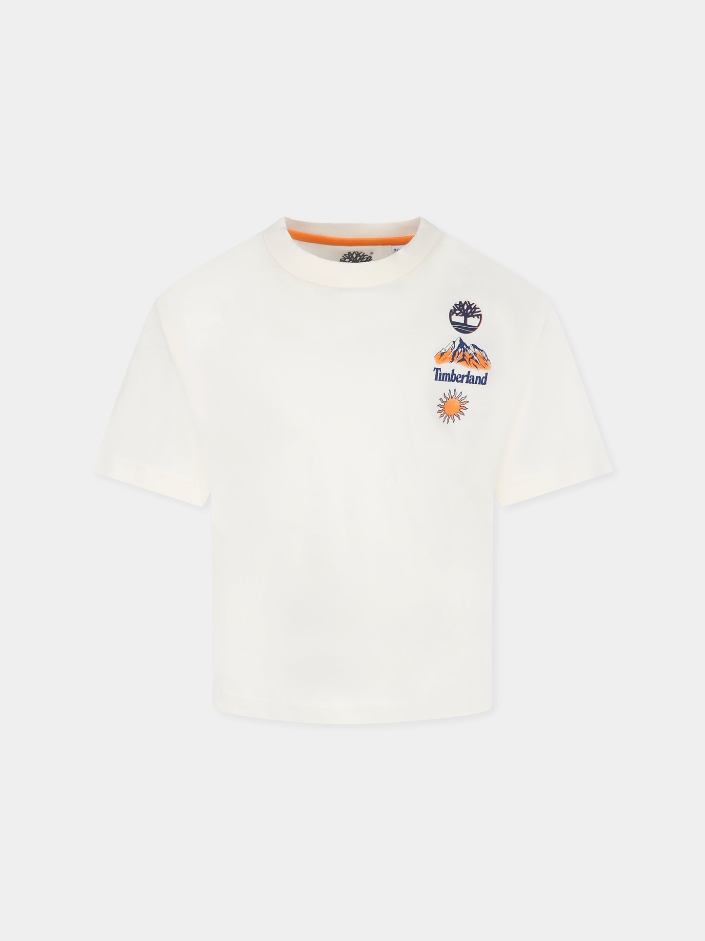 T-shirt avorio per bambino con logo e stampa paesaggio,Timberland,T60434 190
