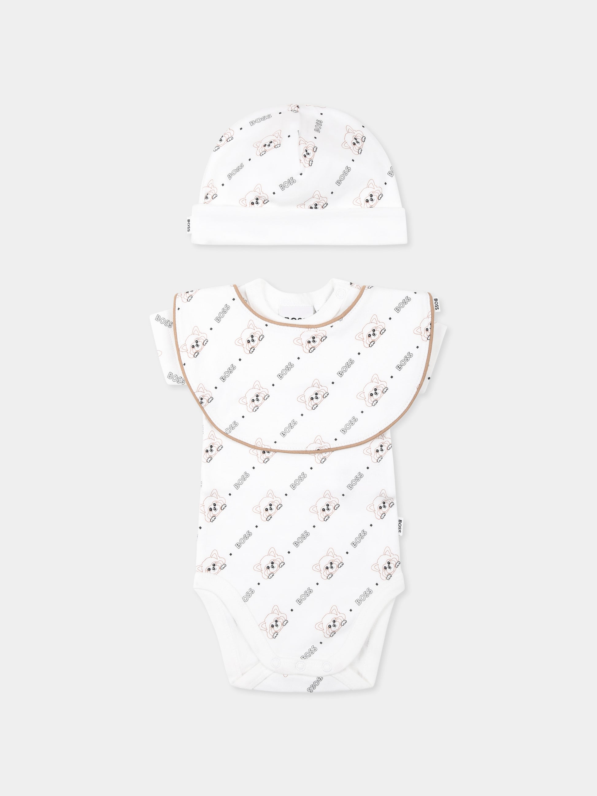 Set body bianco per neonato con logo e panda all-over,Boss,J52177 10P