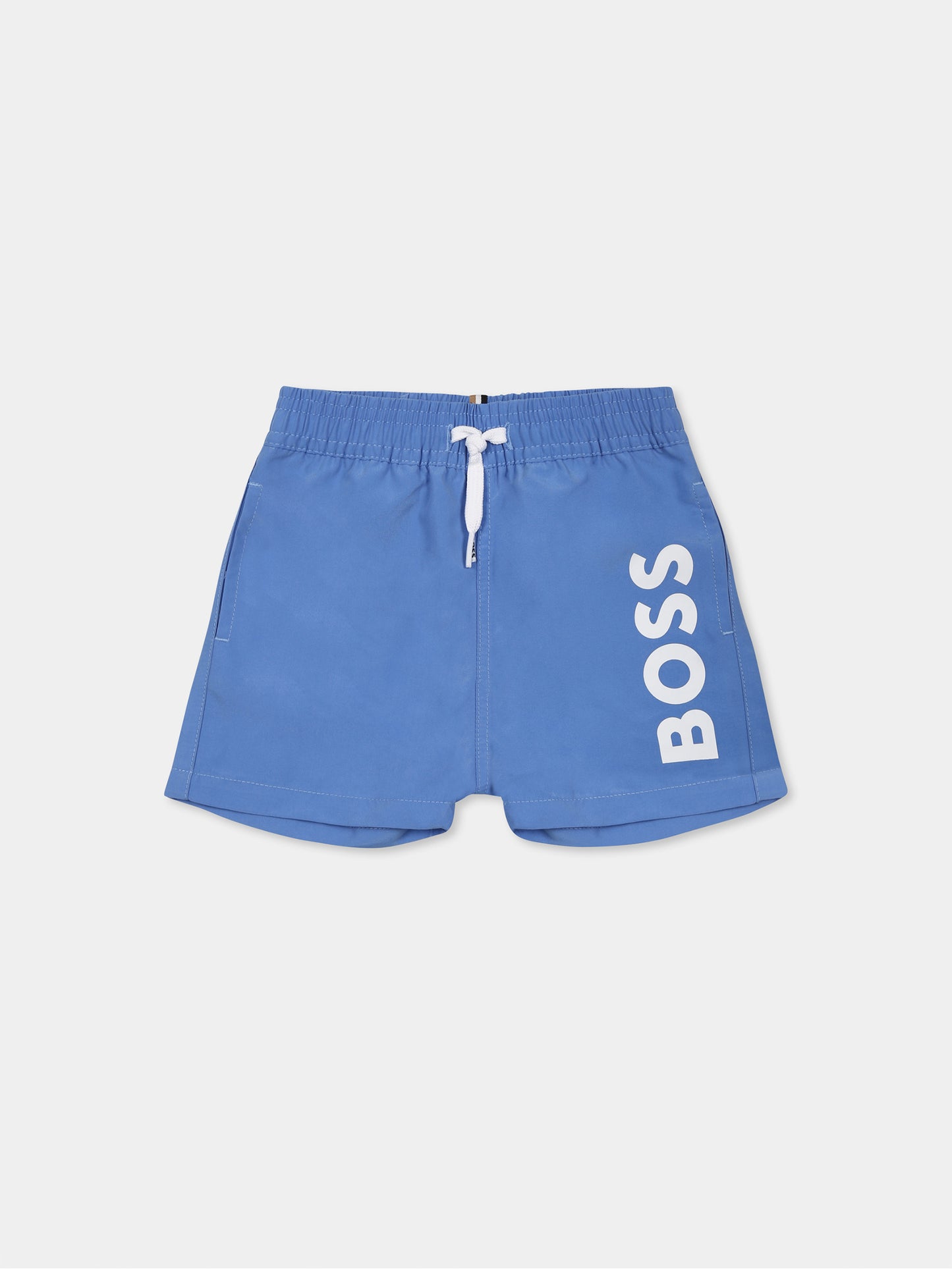 Light blue swim shorts for baby boy with logo