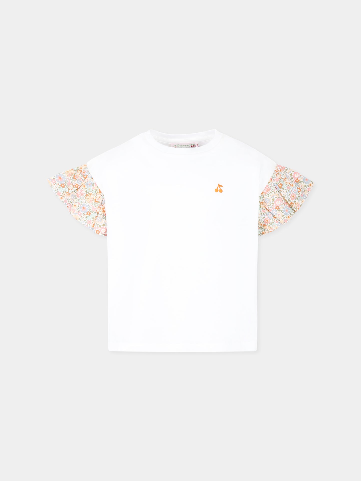 T-shirt bianca per bambina con ciliegie e stampa floreale,Bonpoint,S05GTSK00010 002