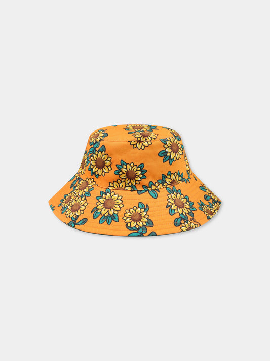 Orange reversible cloche for kids with sunflowers