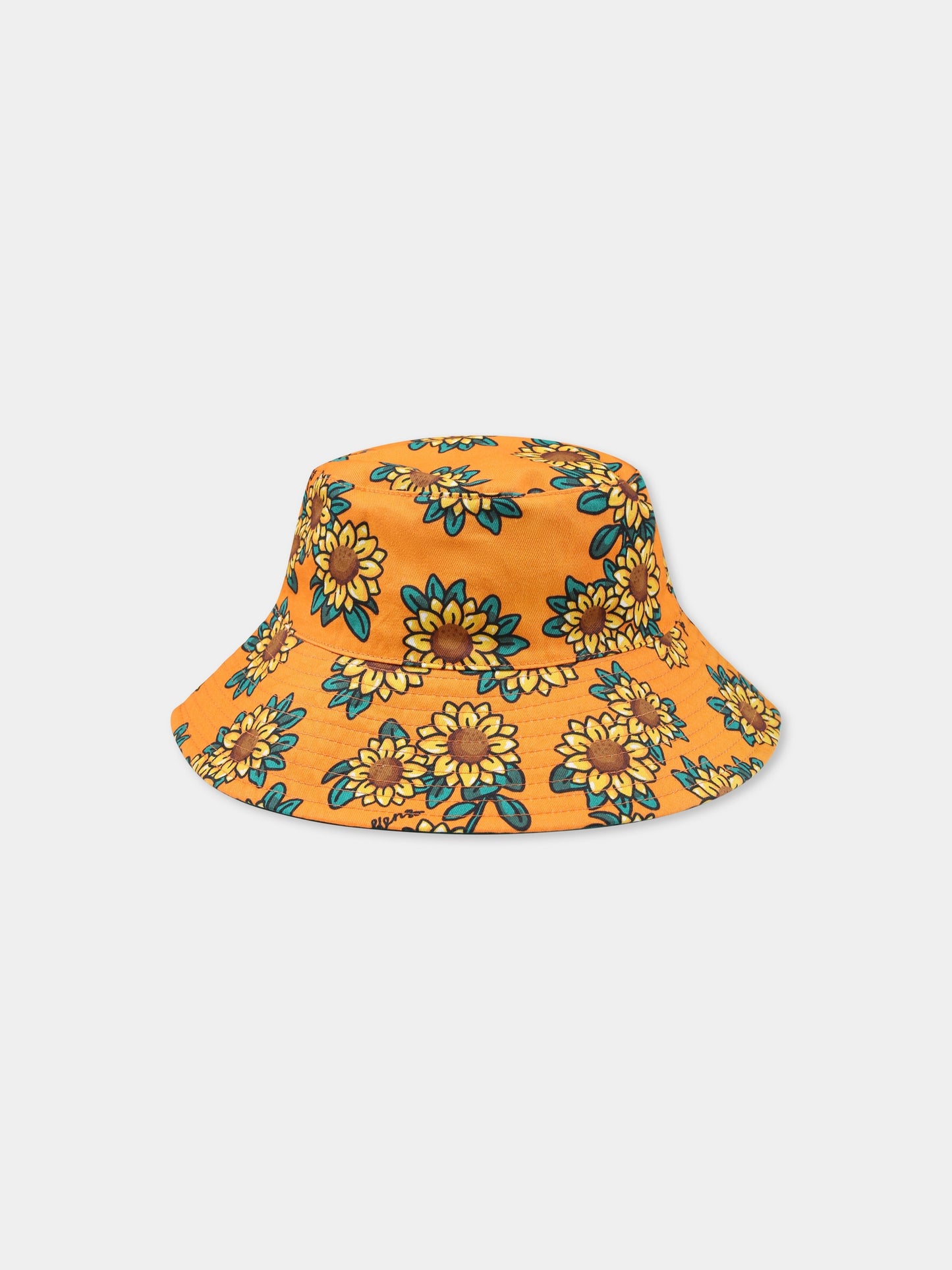 Orange reversible cloche for kids with sunflowers