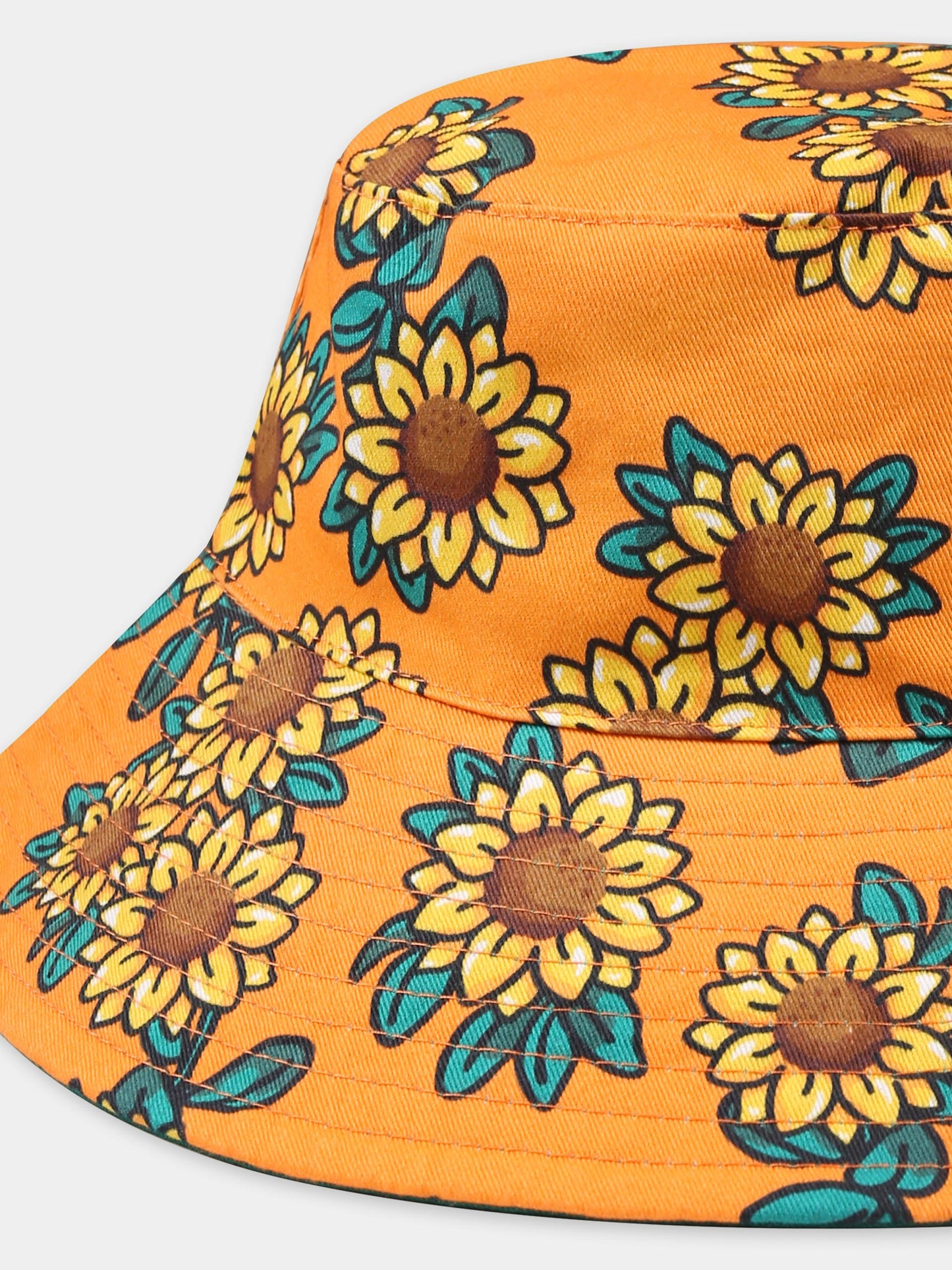 Orange reversible cloche for kids with sunflowers