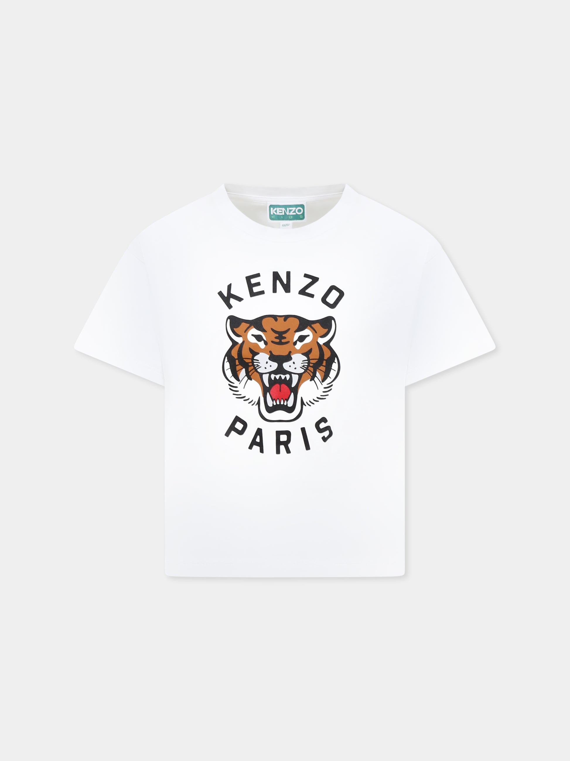 T-shirt bianca per bambini con Lucky Tiger e logo nero,Kenzo Kids,K61137 10P