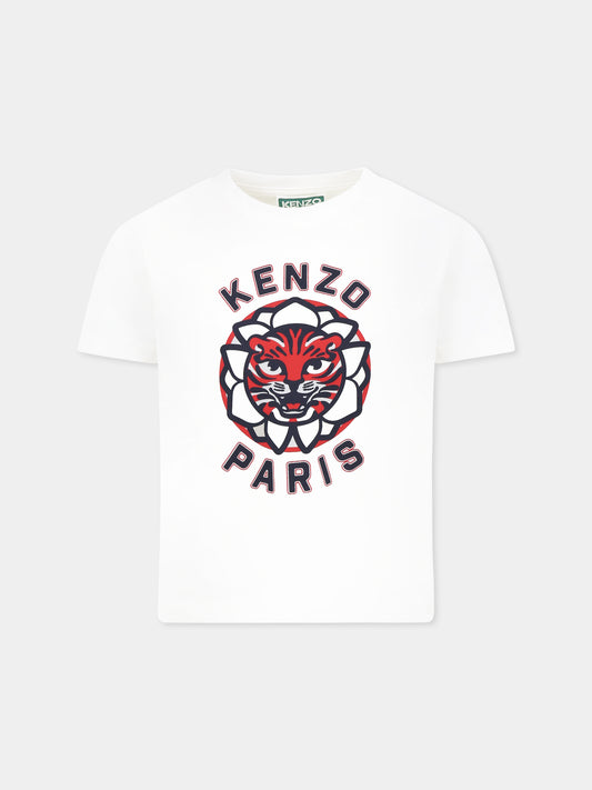 T-shirt bianca per bambino con logo e tigre,Kenzo Kids,K61164 117