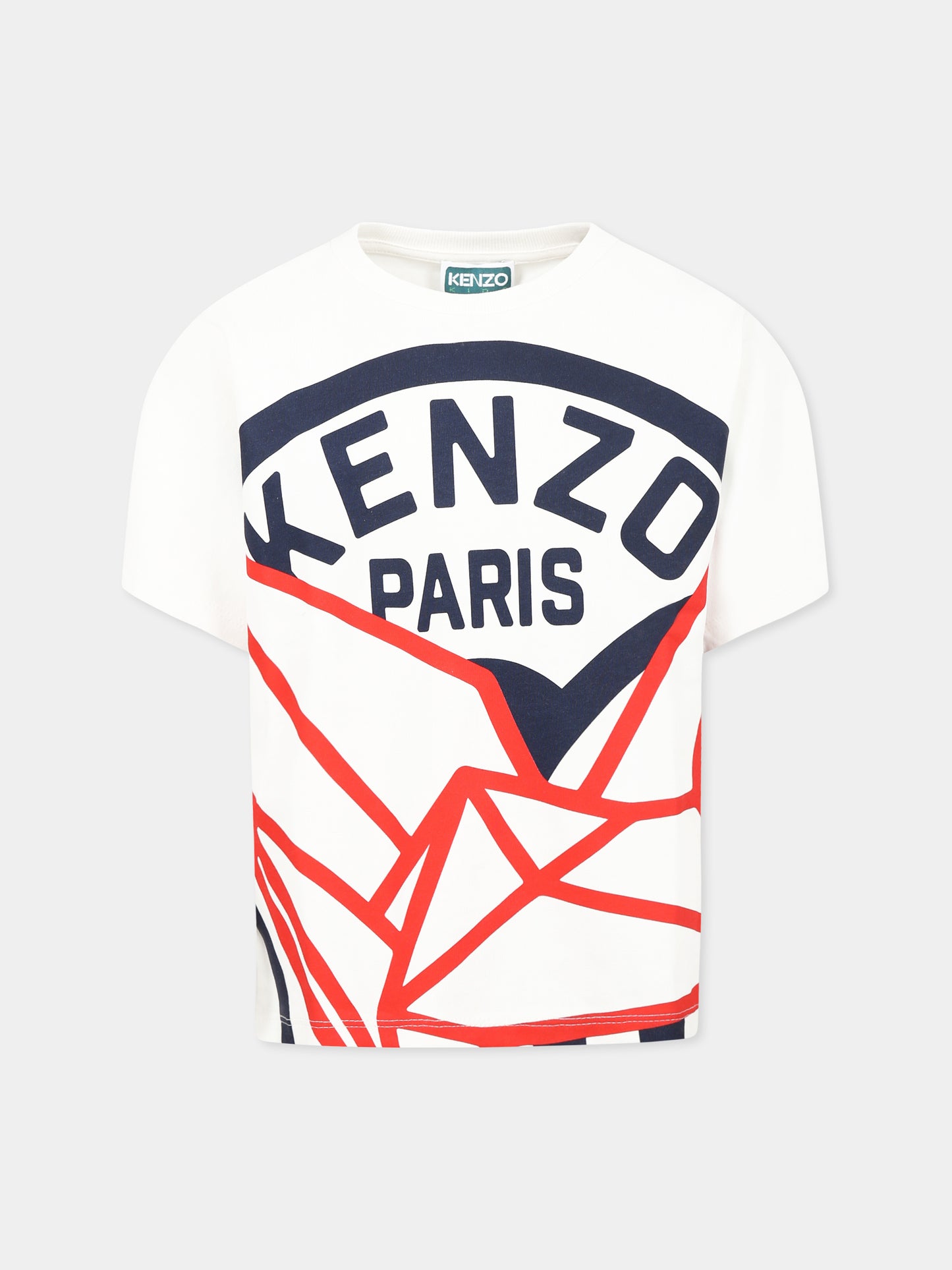 White t-shirt for boy with Kenzo Seigaiha print