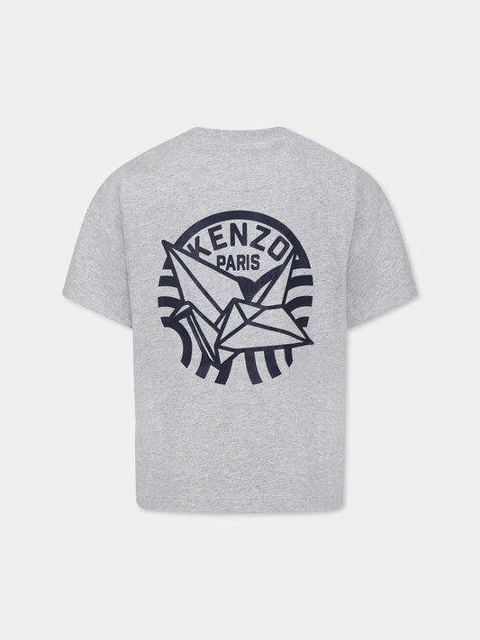 Grey t-shirt for boy with Kenzo Seigaiha print