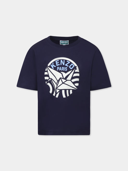 Blue t-shirt for girl with Kenzo Seigaiha print