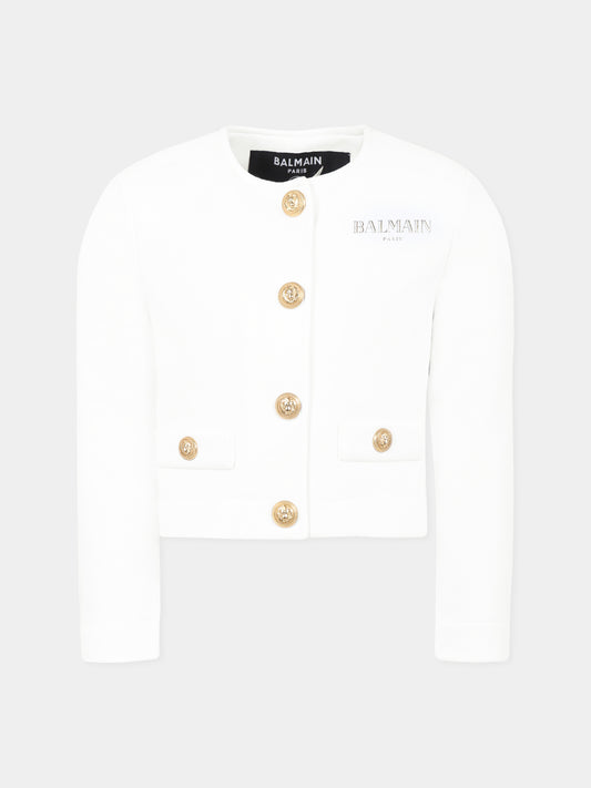 Giacca crop bianca per bambina con logo,Balmain Kids,BW2A84 Z0081 100OR