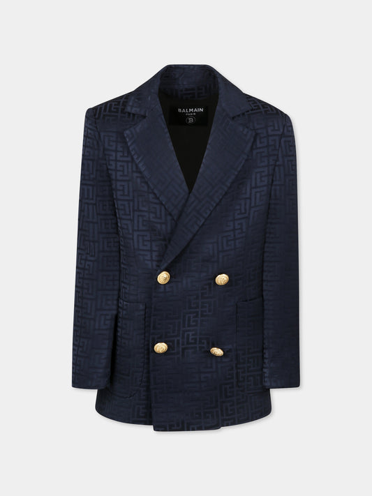 Giacca blu per bambino con iconico labirinto,Balmain Kids,BW2Q34 S0192 60K
