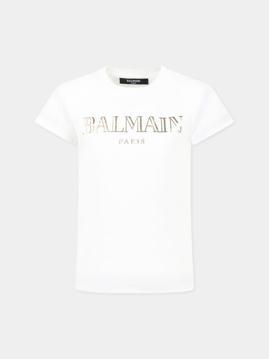 T-shirt bianca per bambina con logo,Balmain Kids,BW8A91 Z0082 100OR