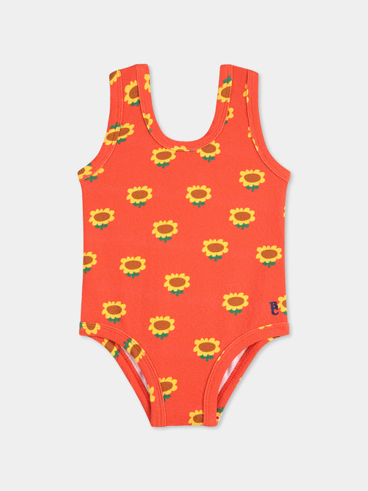 Costume intero rosso per neonata con girasoli all over,Bobo Choses,B125AB095