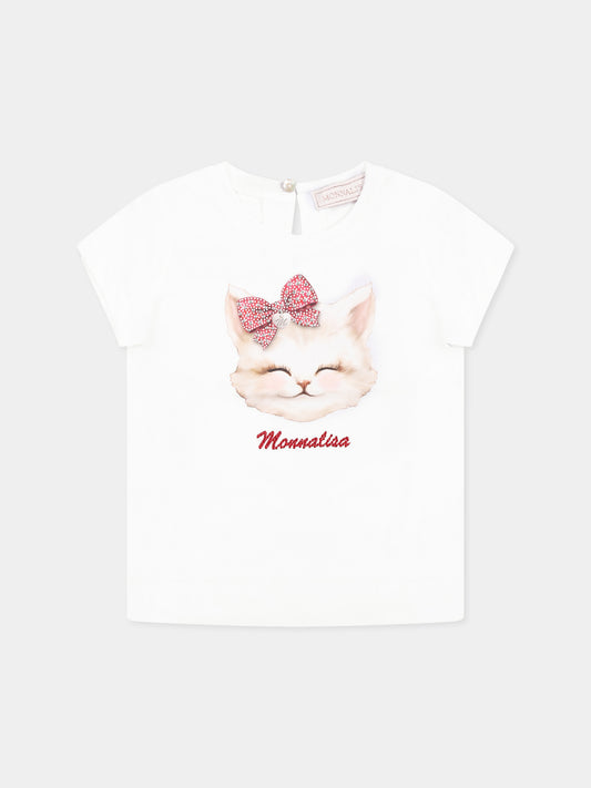 White t-shirt for baby girl with cat