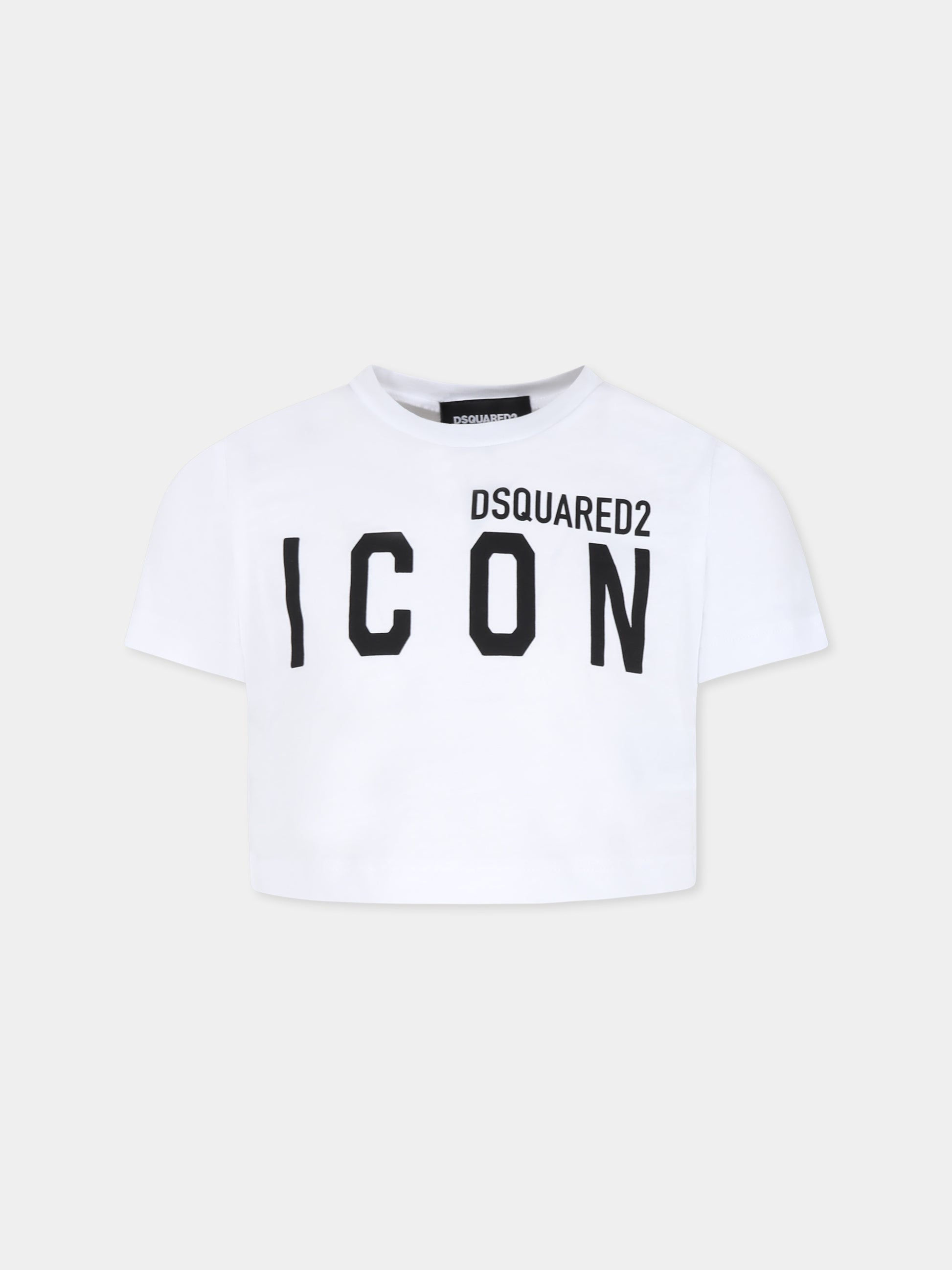 T-shirt crop bianca per bambina con logo,Dsquared2,DQ1678 D00MW DQ100