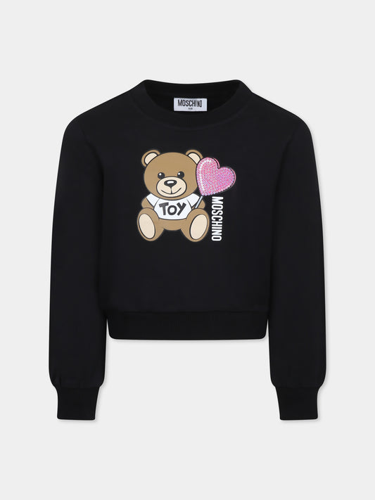 Felpa nera per bambina con Teddy Bear e cuore,Moschino Kids,HDF066 LDA00 60100