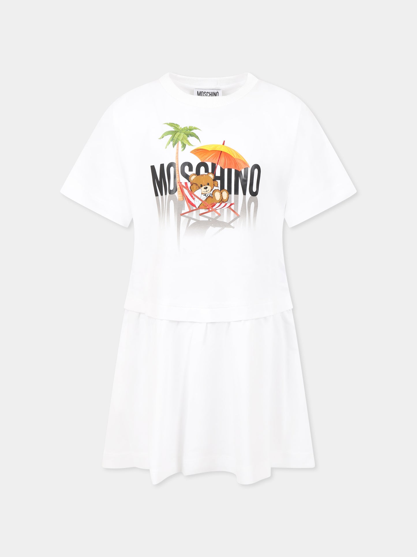 Vestito bianco per bambina con Teddy Bear e stampa spiaggia,Moschino Kids,HDV0G7 LAA42 10101