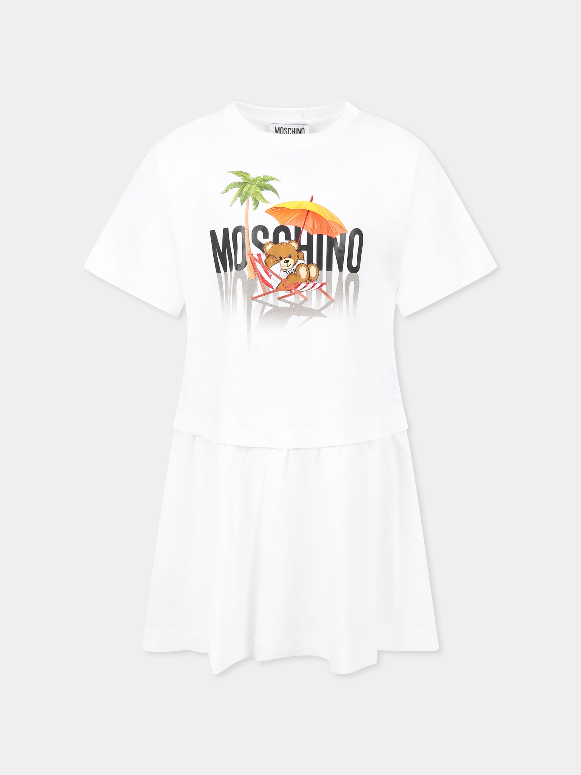 Vestito bianco per bambina con Teddy Bear e stampa spiaggia,Moschino Kids,HDV0G7 LAA42 10101