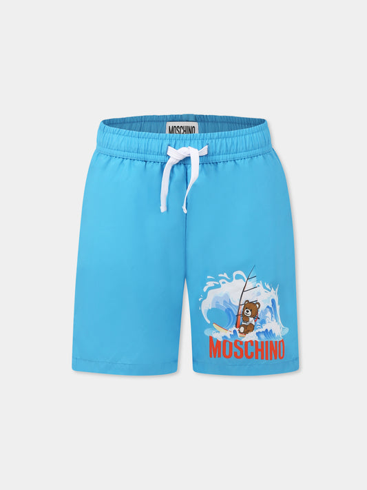 Boxer mare azzurro per bambino con Teddy Bear e tavola da windsurf,Moschino Kids,HQL01C LKA02 41047